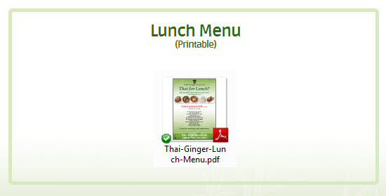 Thai Ginger Lunch Menu